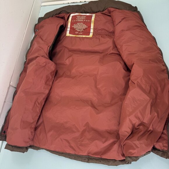 Fossil Puffer Jacket Vest Mens Large L Down Filled Insulated Full Zip Brown - Picture 5 of 7
